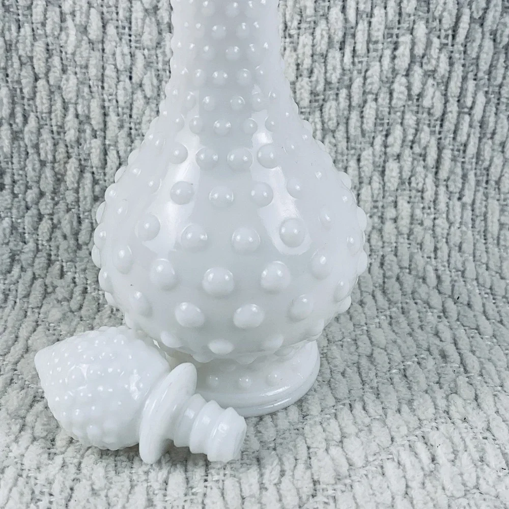 Vintage Hobnail Milk Glass Avon Cologne Bottle Decanter White Floral Flowers EUC